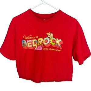 Flintstones Shirt Womens Large Red Cropped Cutoff Short Sleeve Bedrock Cartoon‎
